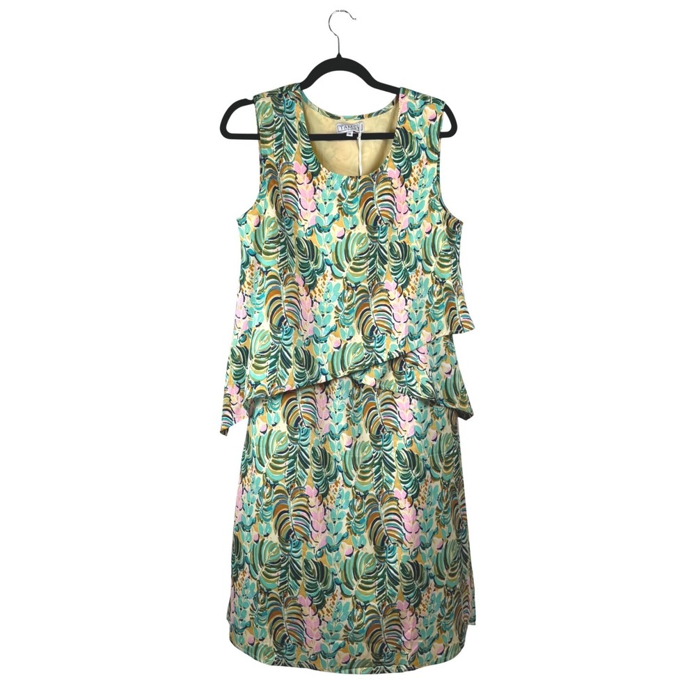 Tamsy Sleeveless Tiered Dress Palm Leaf Print Knee Length M Vacation Party Dress